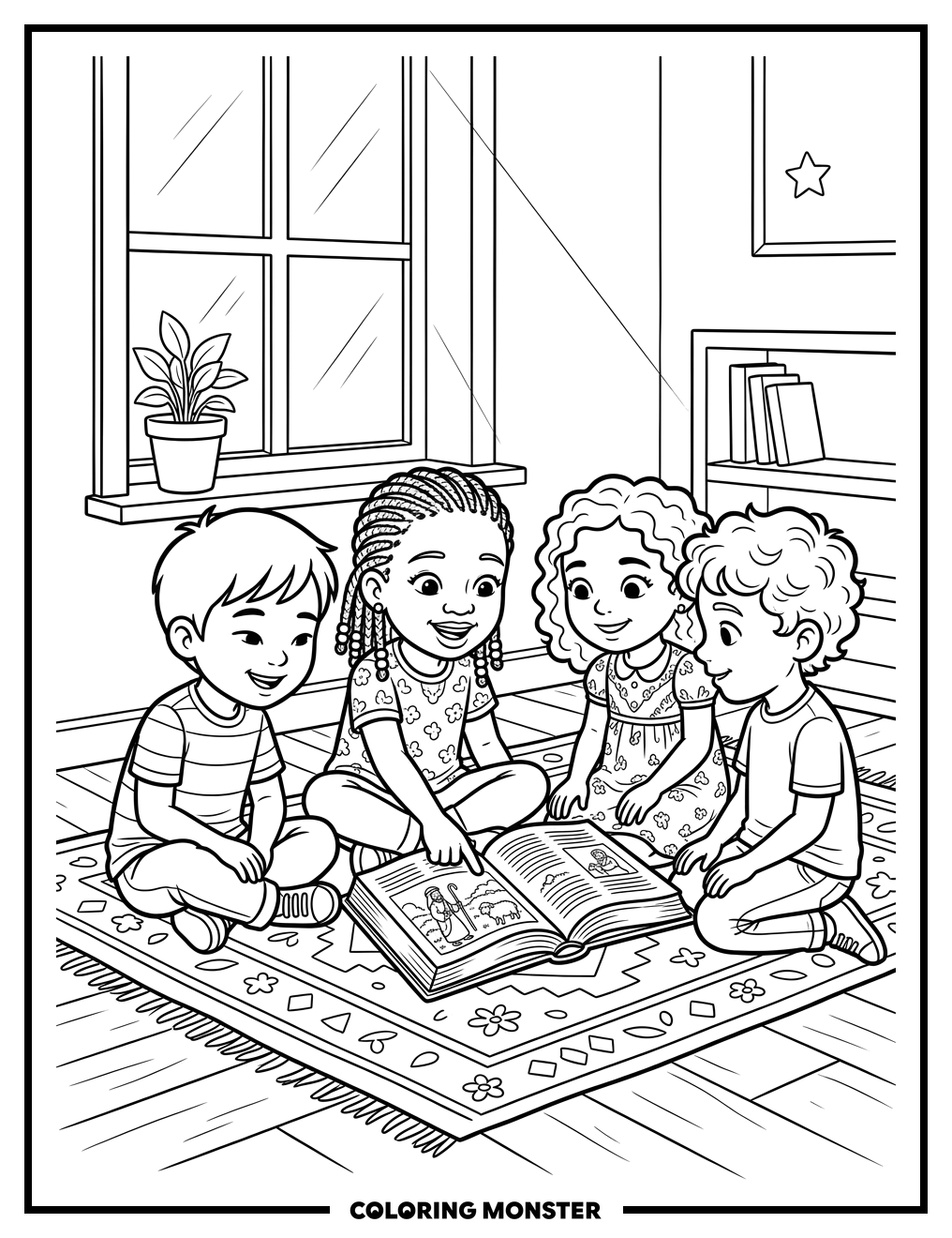 Children Reading The Bible Together Coloring Page