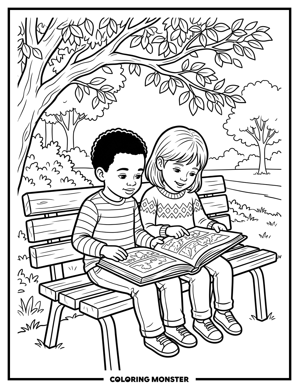 Children Reading Together On A Bench Coloring Page