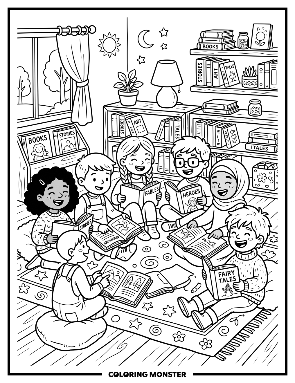 Children Reading Together on a Rug Coloring Page