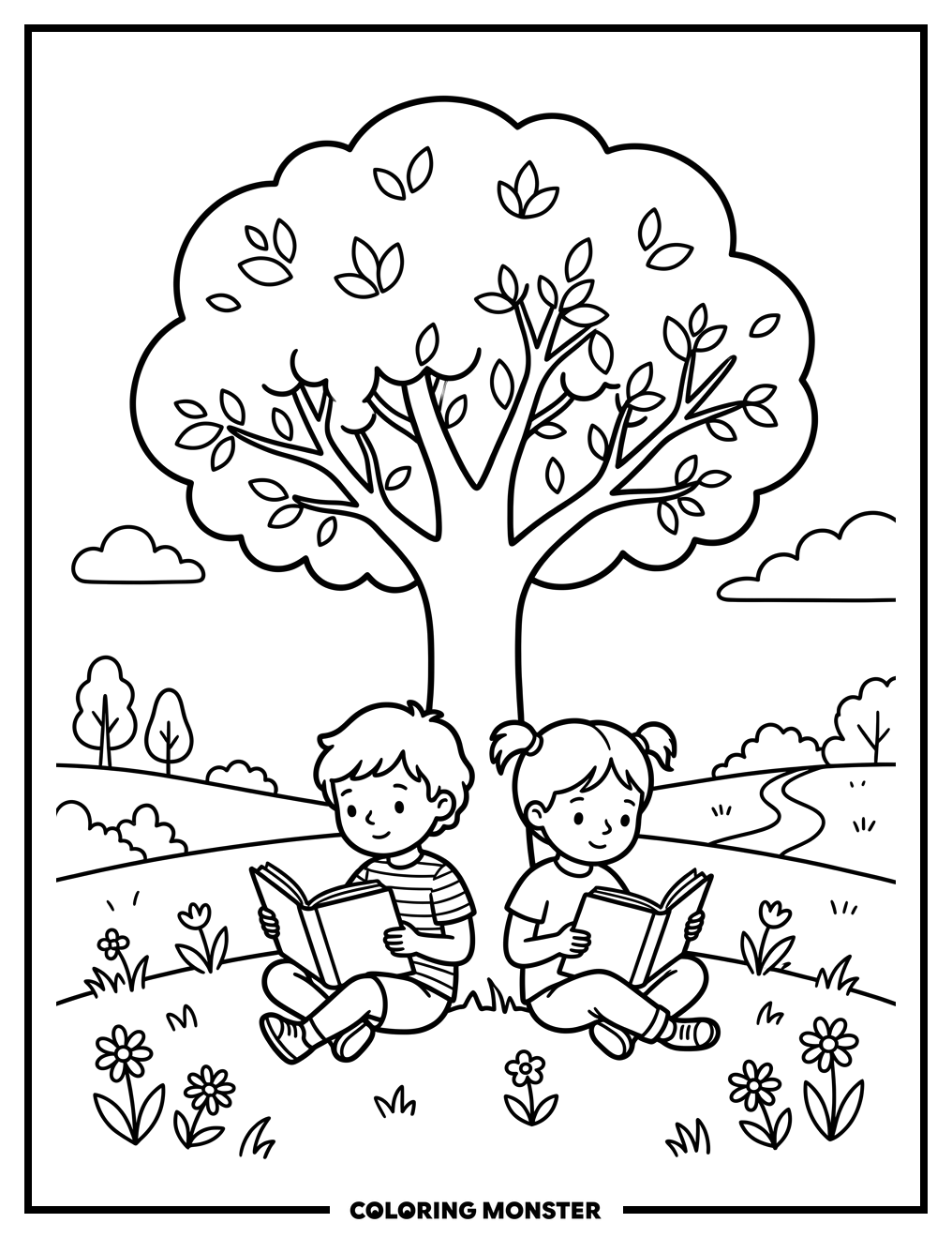Children Reading Under a Tree Coloring Page