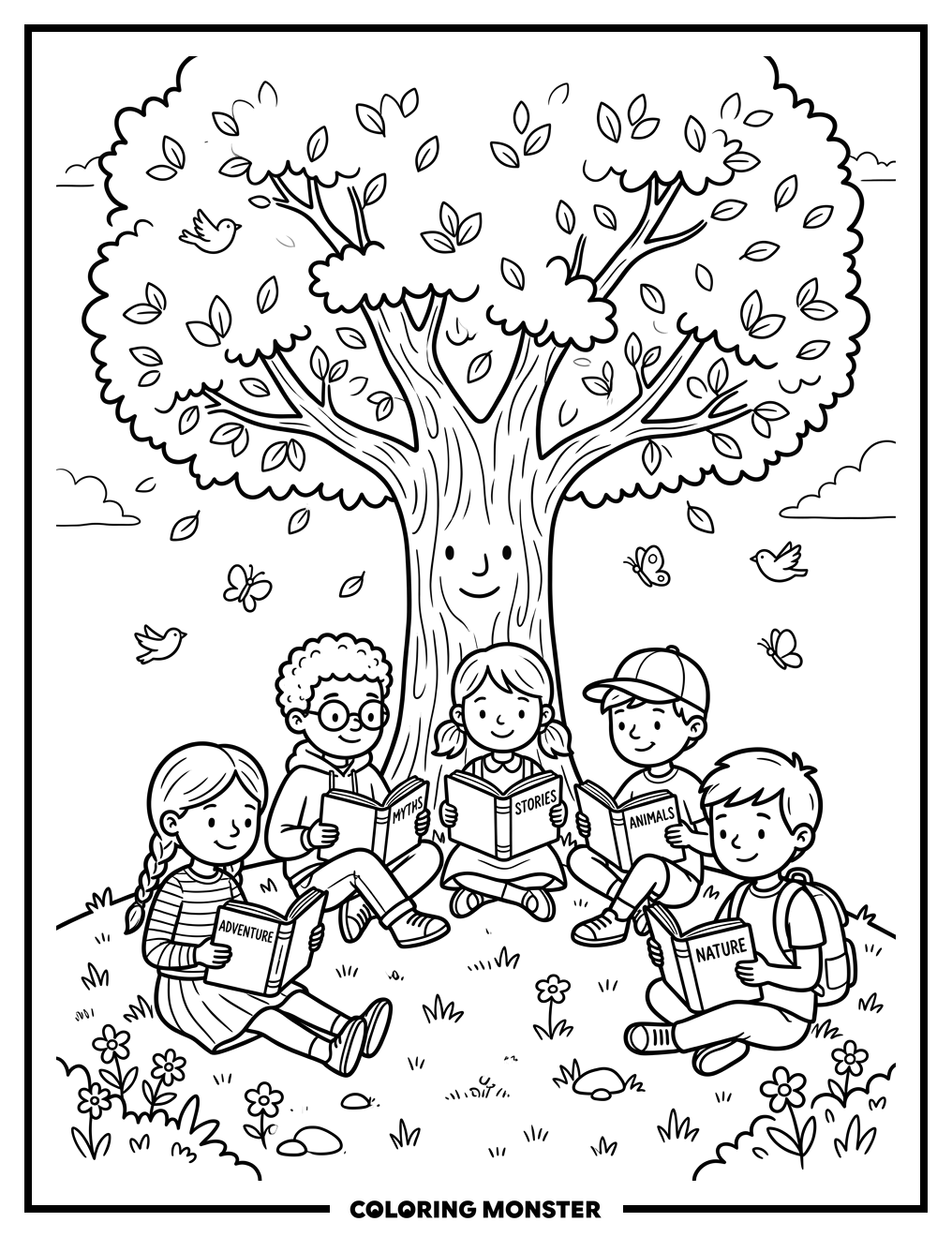 Children Reading Under a Tree Coloring Page