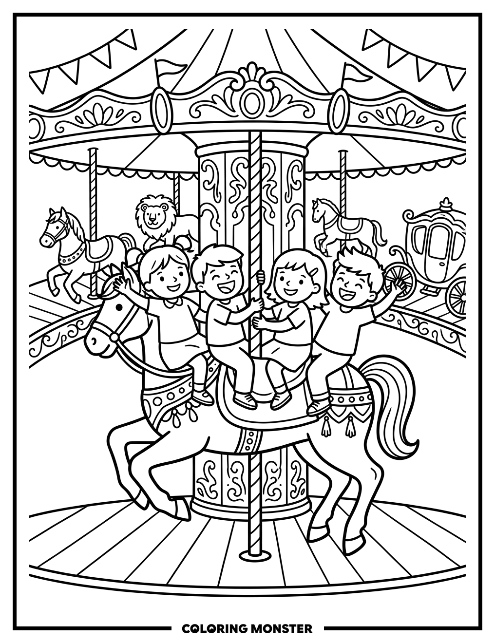 Children Ride Carousel Horses Coloring Page