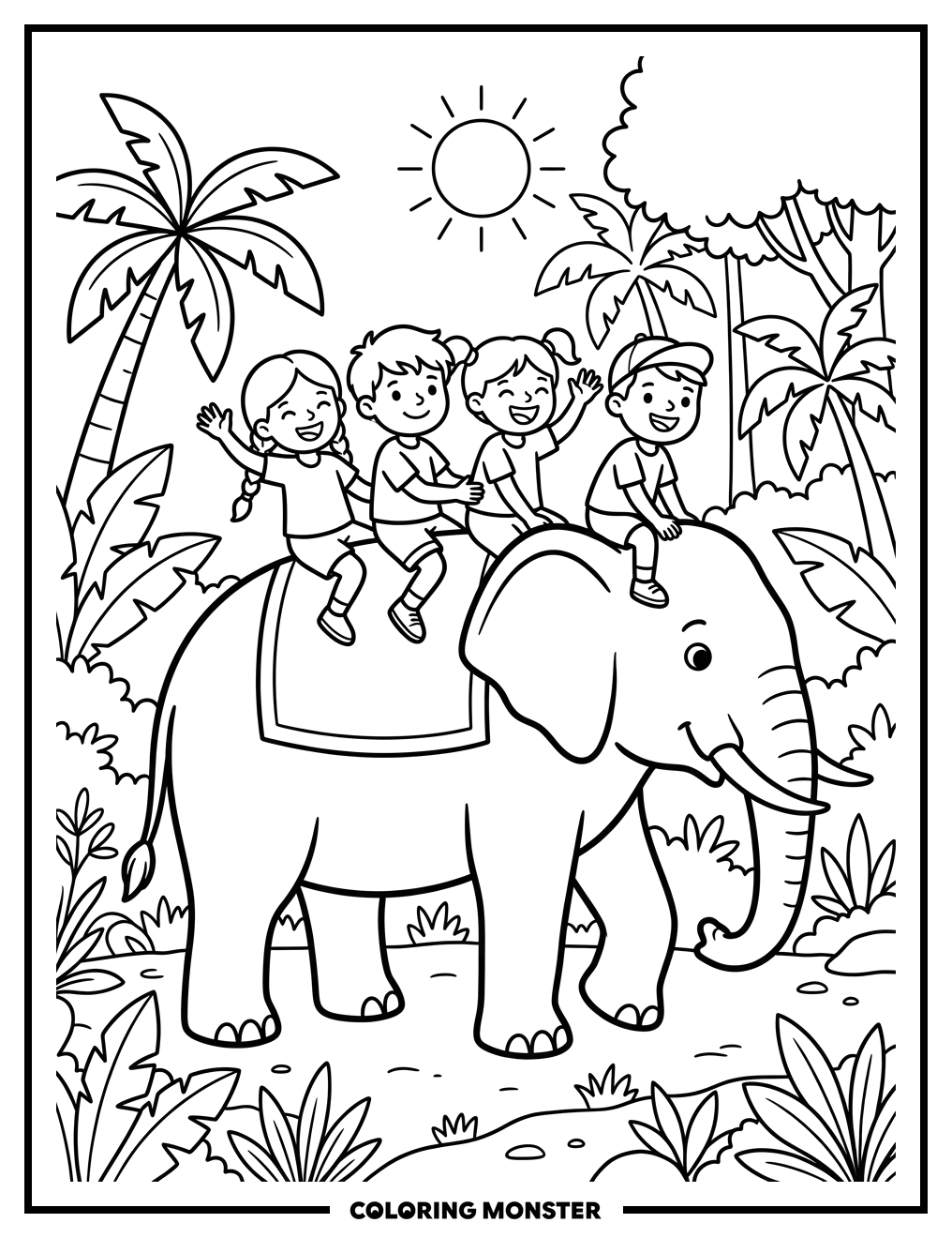 Children Ride Gentle Elephant in Jungle Coloring Page