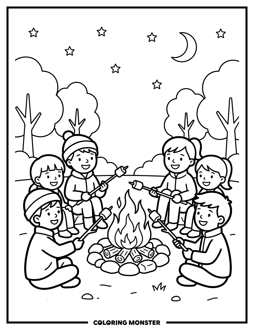 Children Roasting Marshmallows By Bonfire Coloring Page