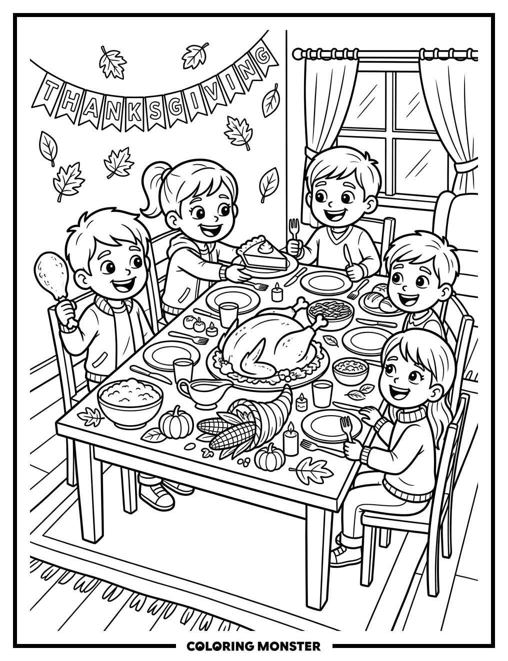 Children's Thanksgiving Feast Table Coloring Page