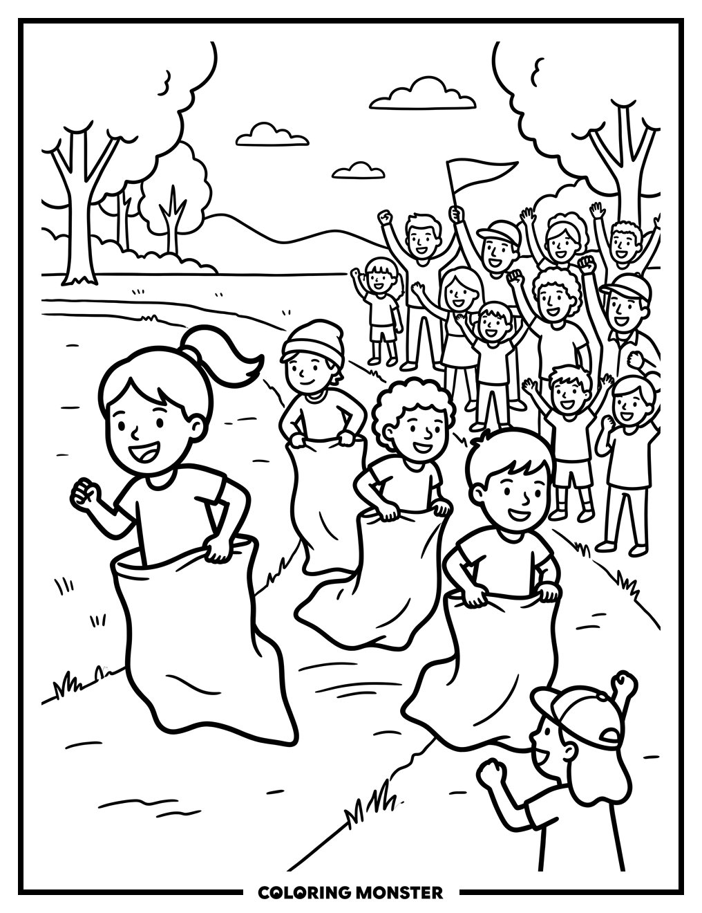 Children Sack Race Fun Coloring Page