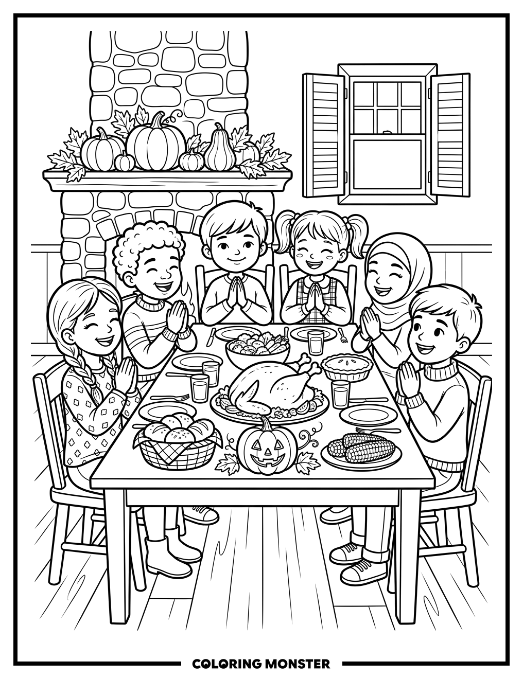 Children Share Thanksgiving Feast Coloring Page