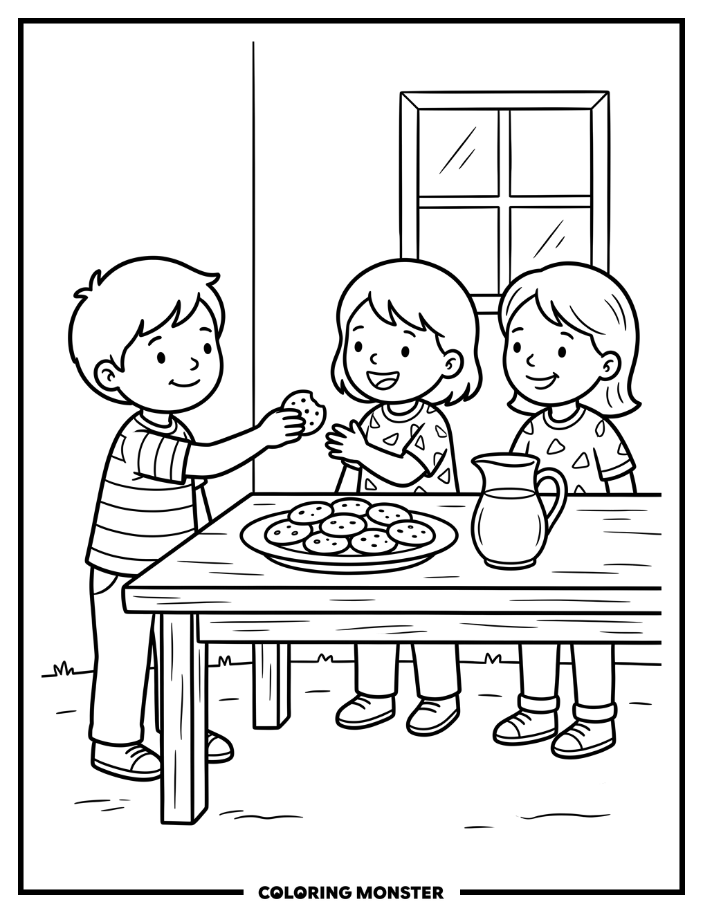 Children Sharing Cookies Around Table Coloring Page