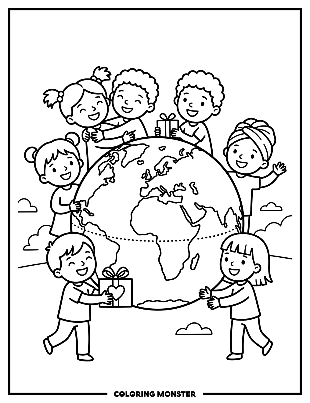Children Sharing Gifts Around the Globe Coloring Page