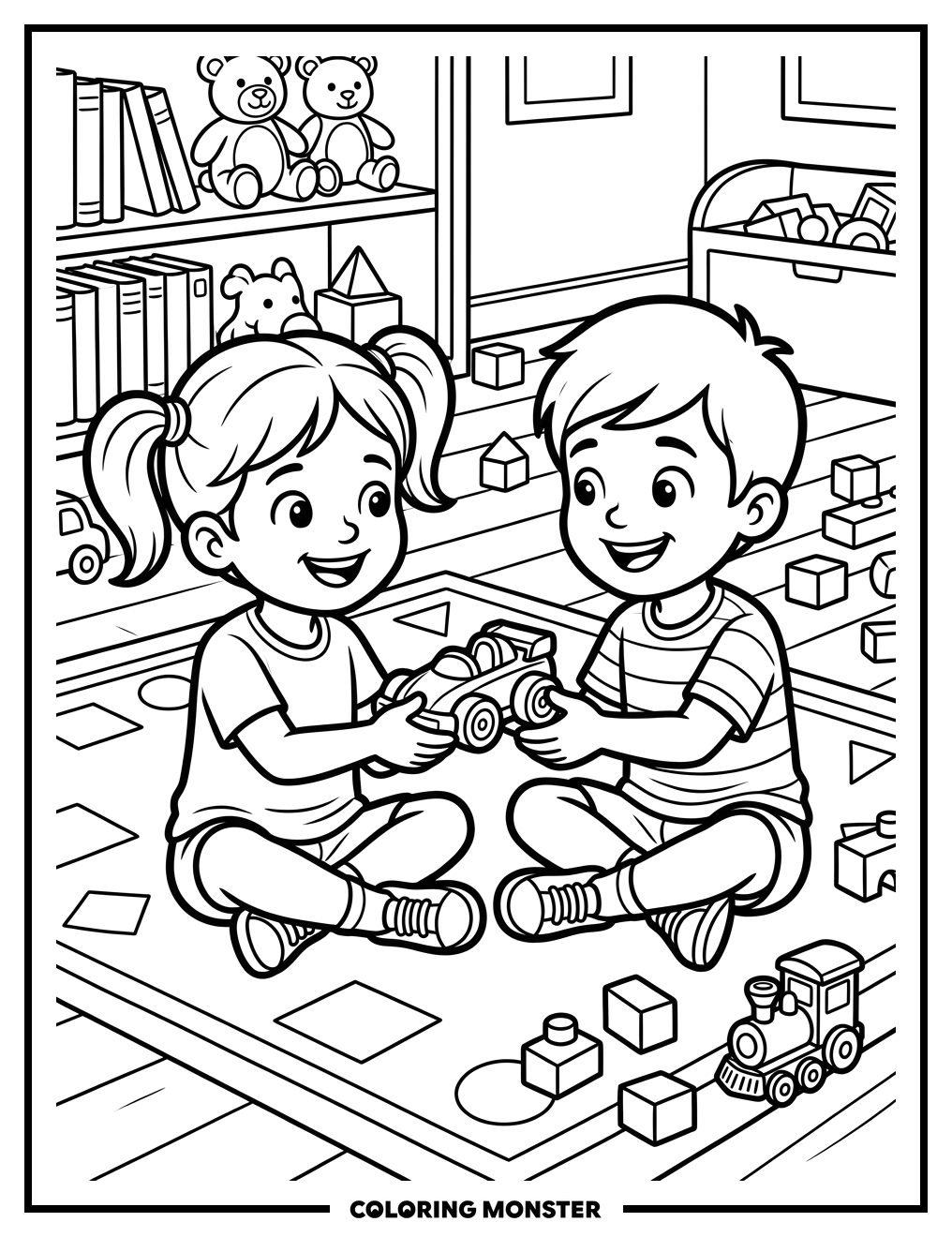 Children Sharing Toy Car Coloring Page