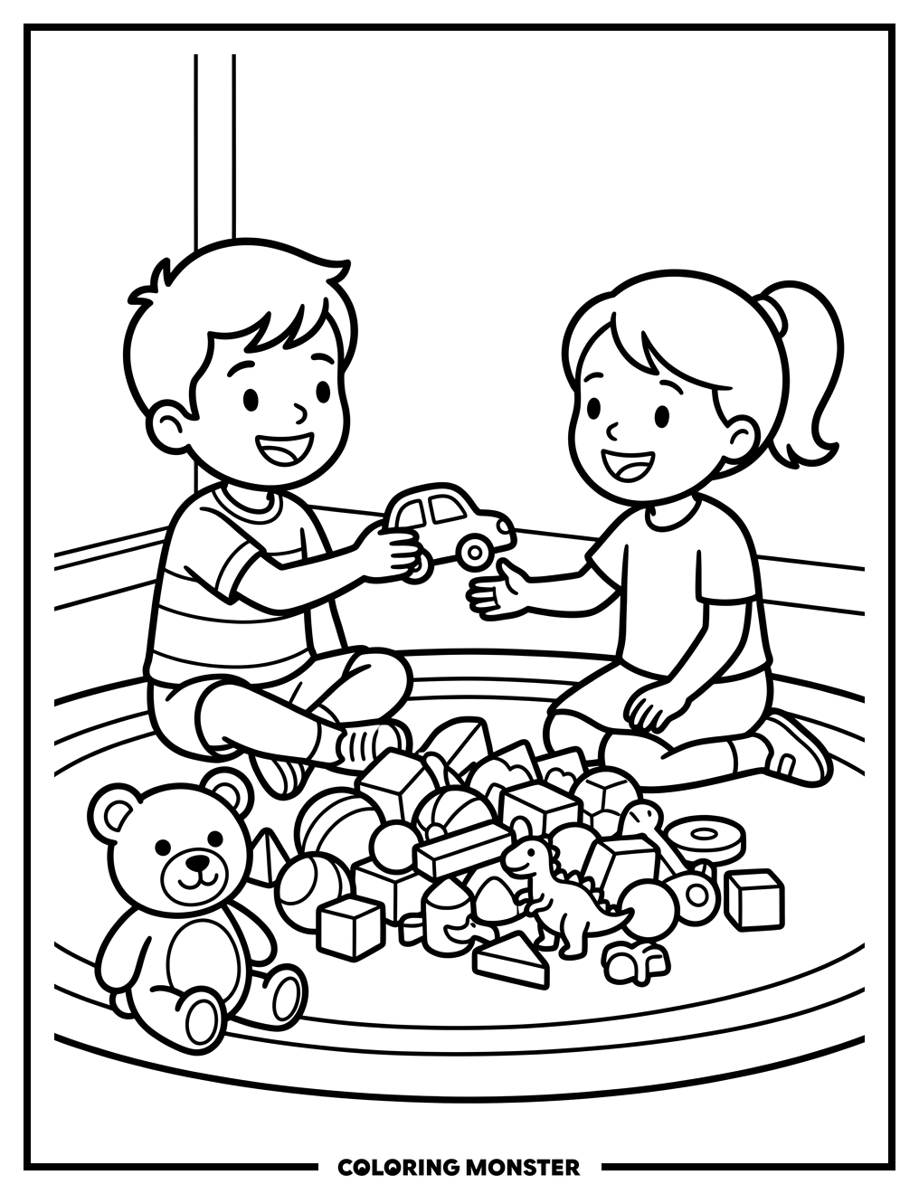 Children Sharing Toys Coloring Page