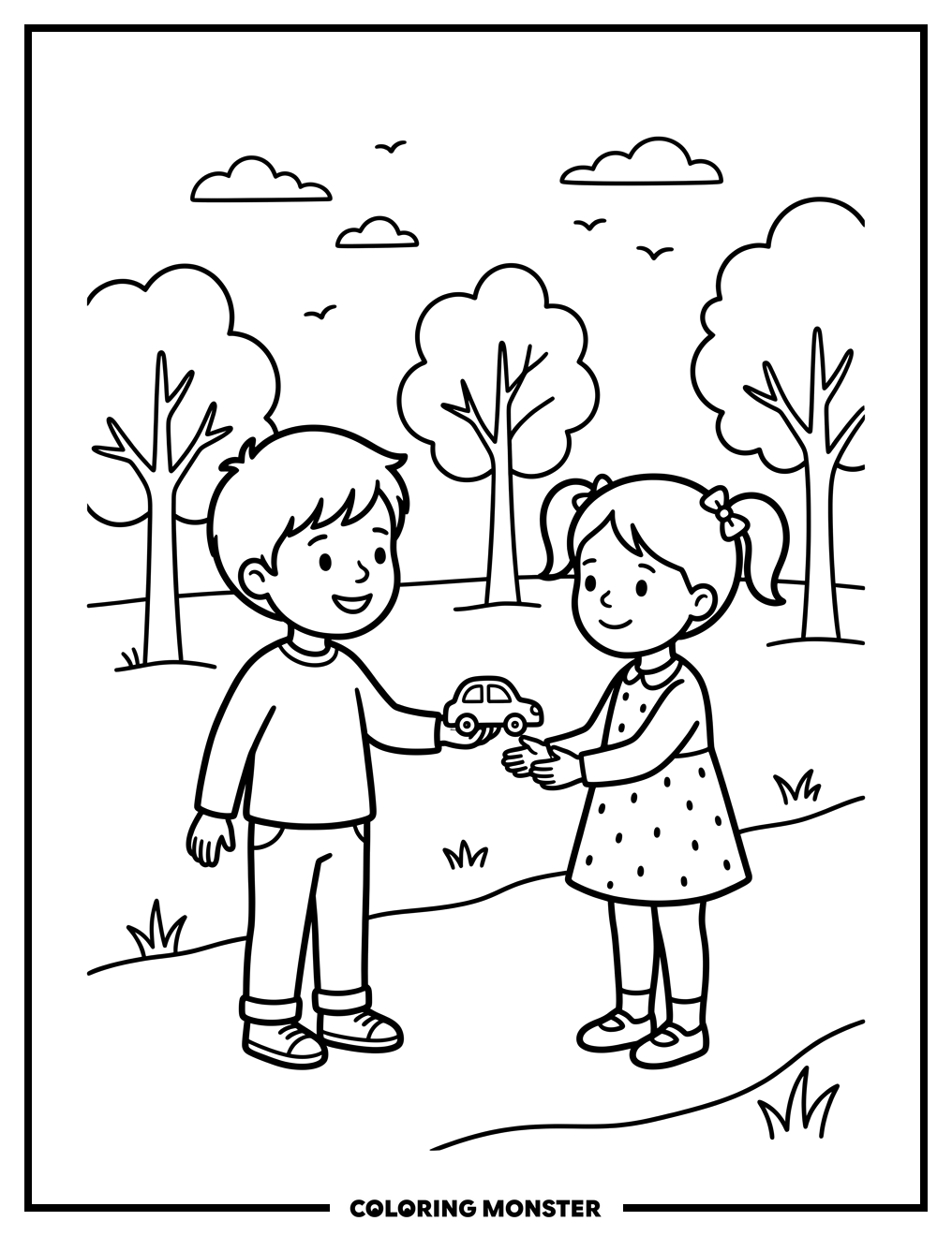 Children Sharing Toys in Park Coloring Page