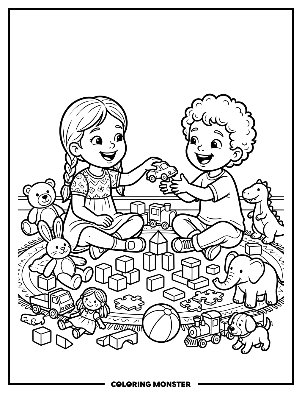 Children Sharing Toys on Floor Coloring Page