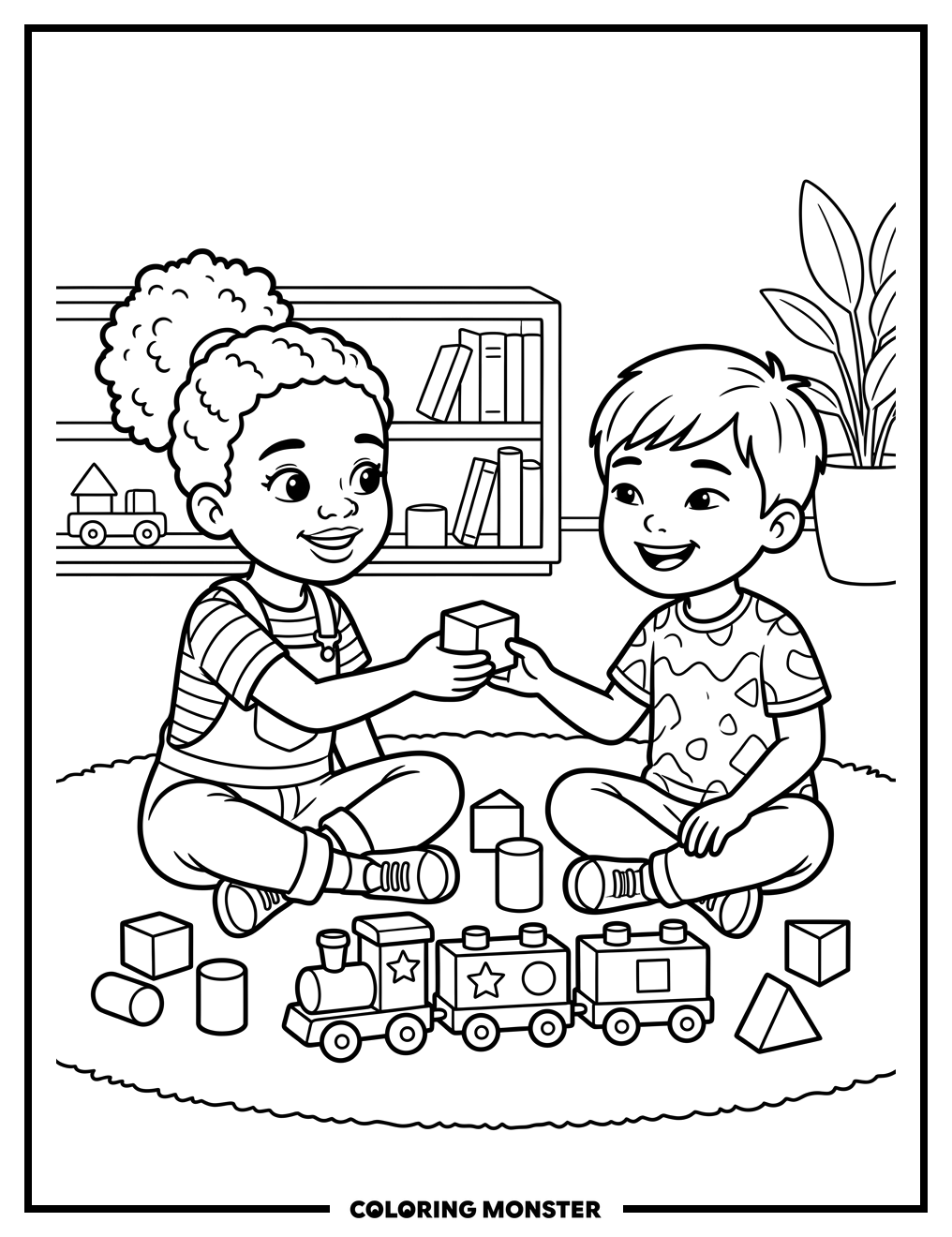 Children Sharing Toys on Floor Coloring Page