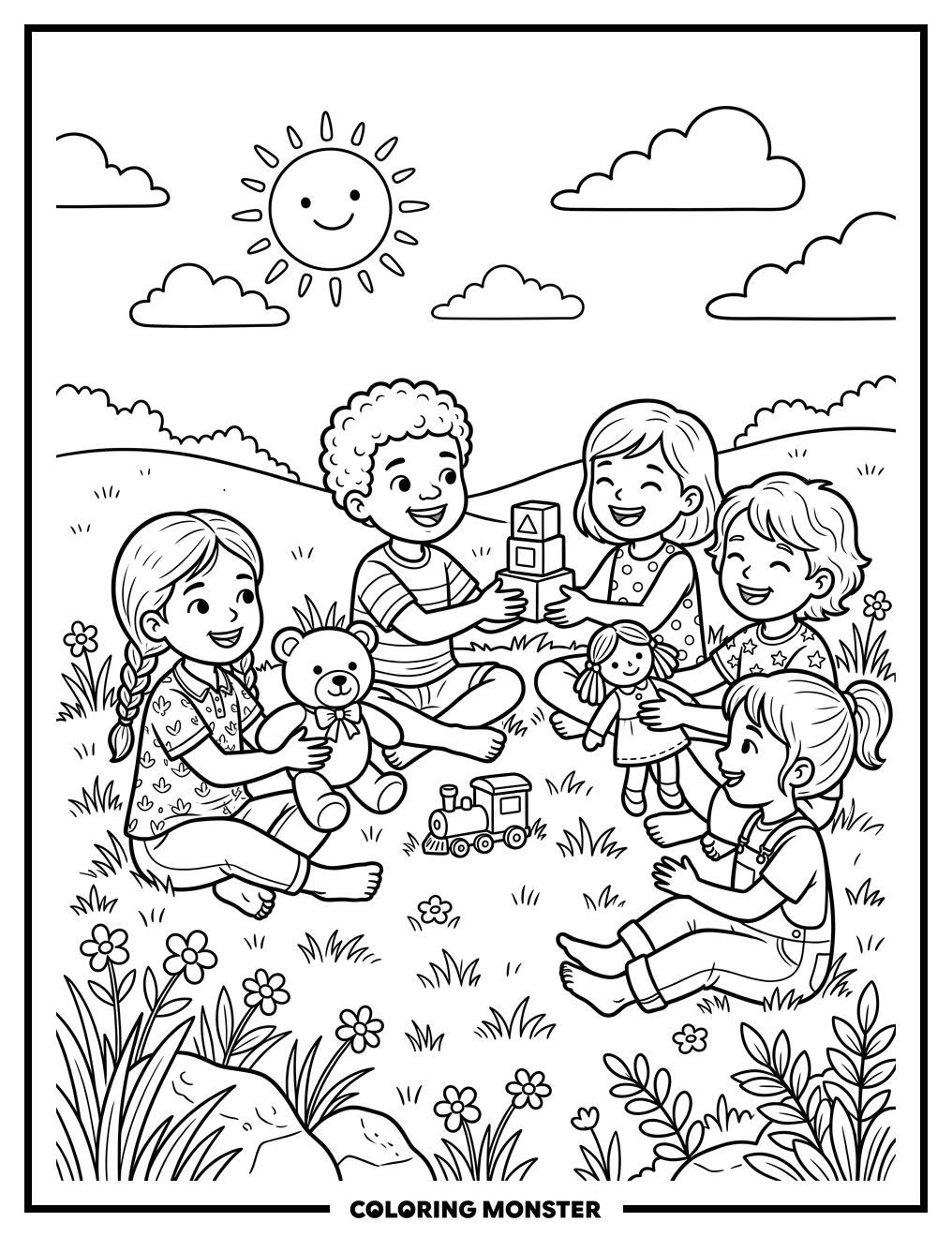 Children Sharing Toys On Grass Coloring Page