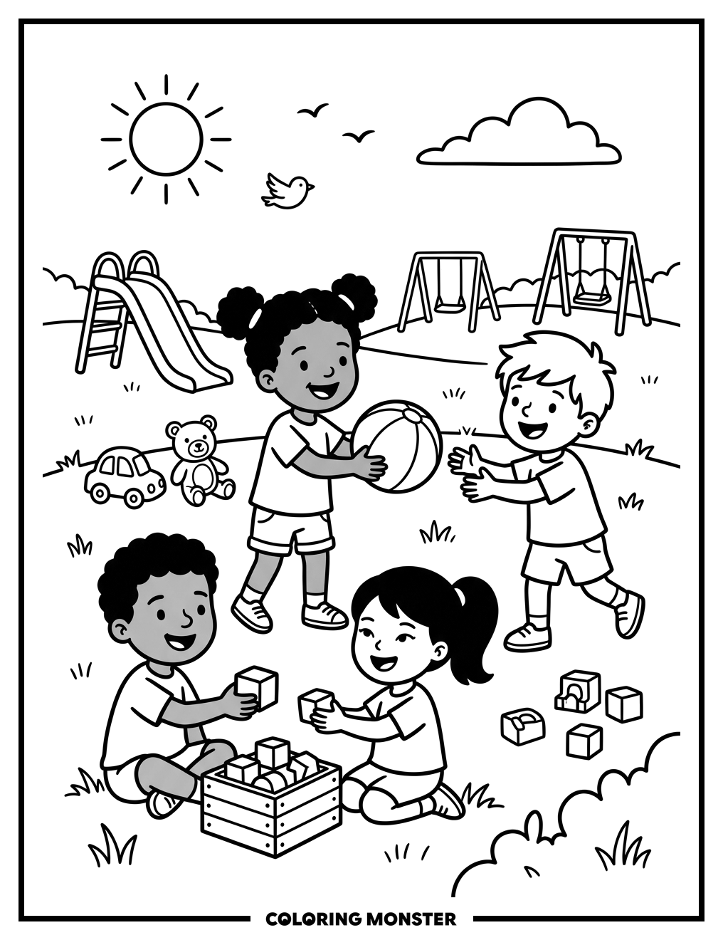 Children Sharing Toys on Playground Coloring Page