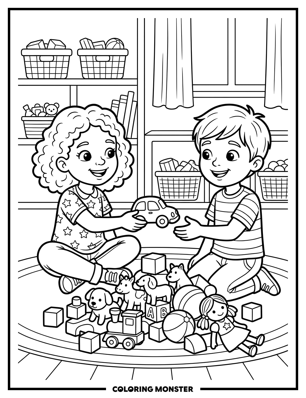Children Sharing Toys On The Floor Coloring Page