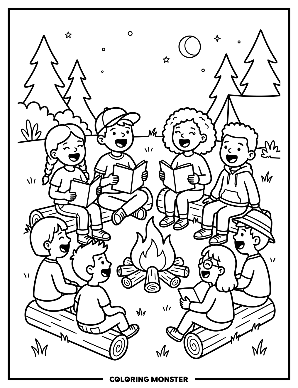 Children Singing Around a Campfire Coloring Page