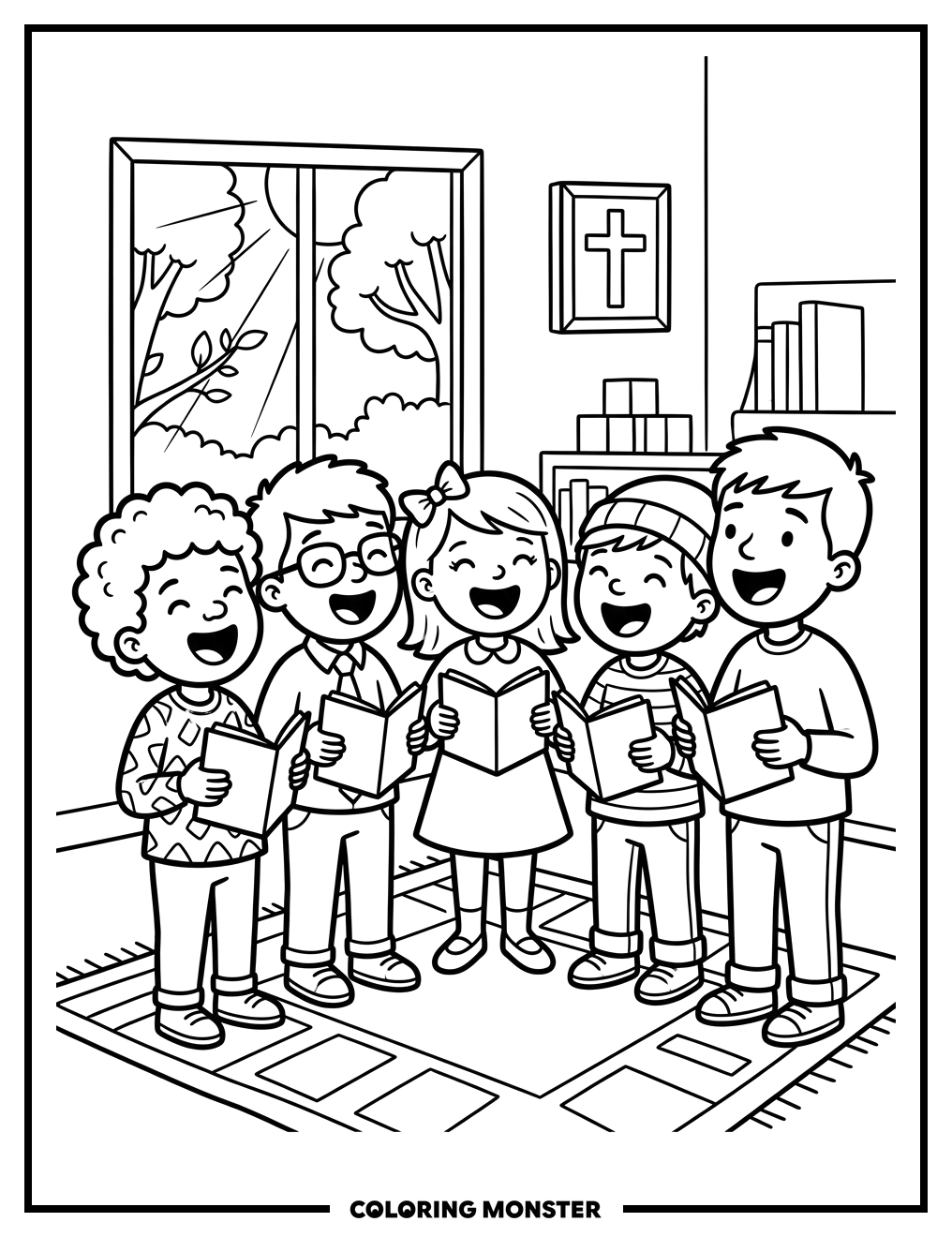 Children Singing Hymns Together Coloring Page