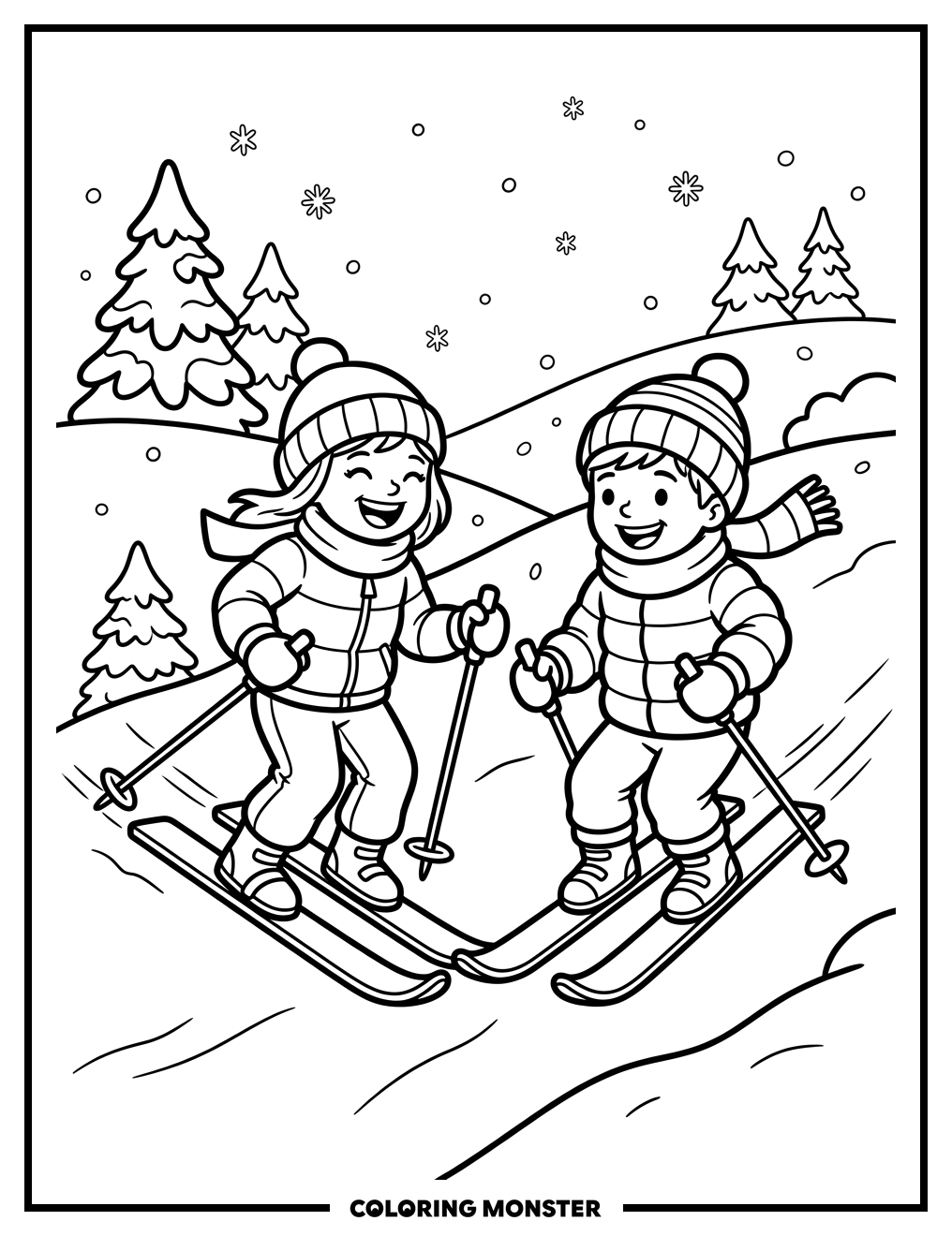 Children Skiing Down Snowy Hill Coloring Page