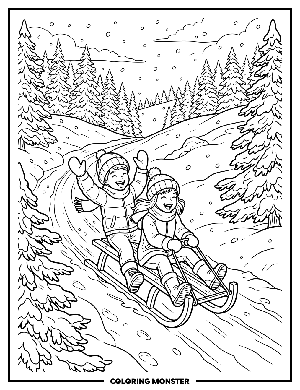 Children Sledding Down Snowy Hill Coloring Page