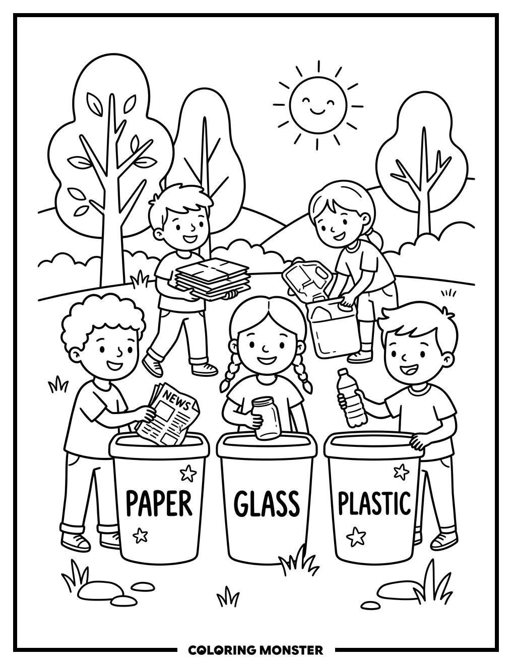 Children Sorting Recyclables Outdoors Coloring Page
