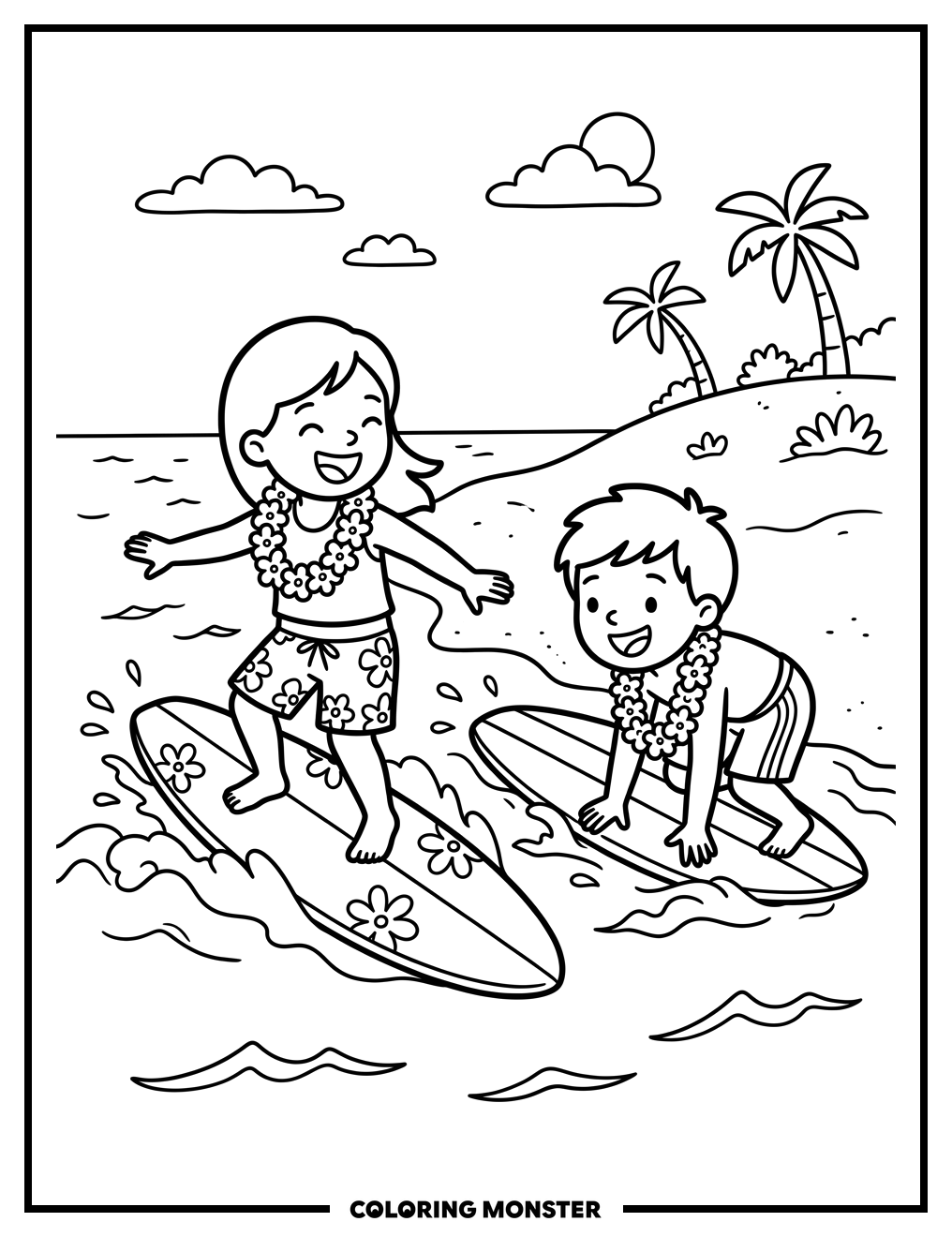 Children Surfing on Beach Coloring Page
