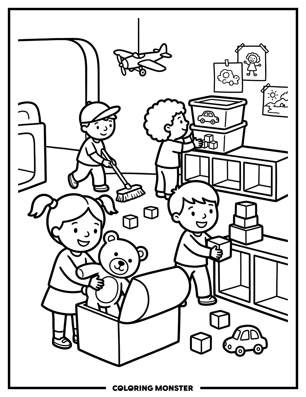 Children Tidying Playroom Coloring Page