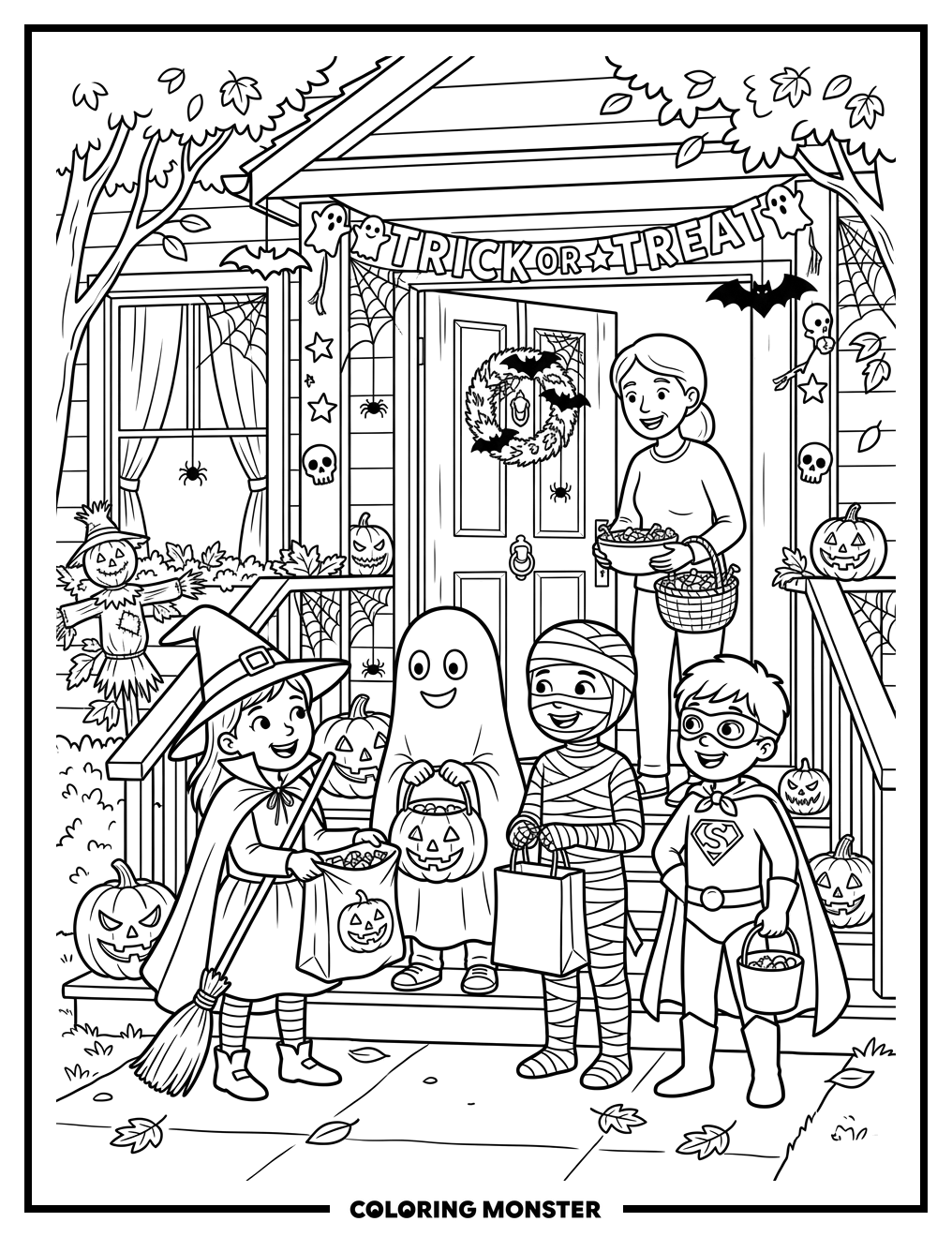 Children Trick-Or-Treating On Halloween Coloring Page