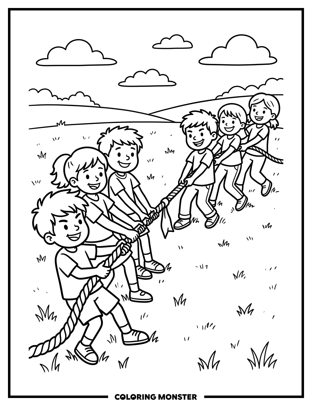Children Tug-Of-War Coloring Page