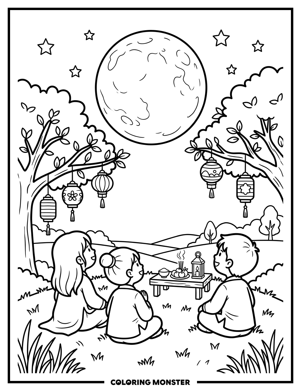 Children Under Full Moon Coloring Page