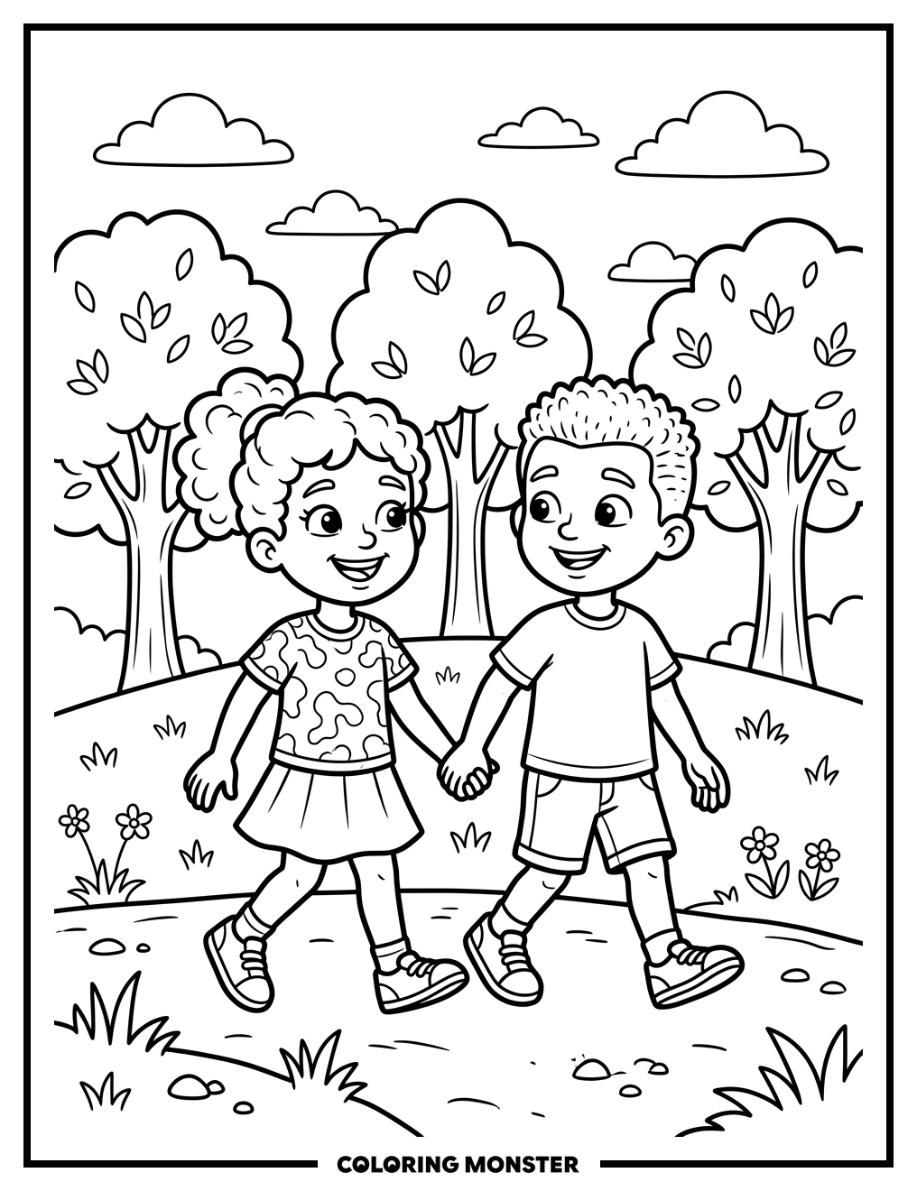 Children Walking Hand-in-Hand Coloring Page