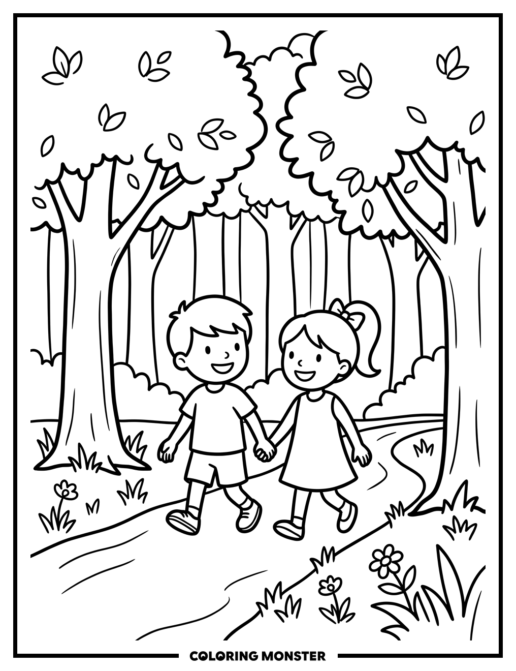 Children Walking on Forest Path Coloring Page