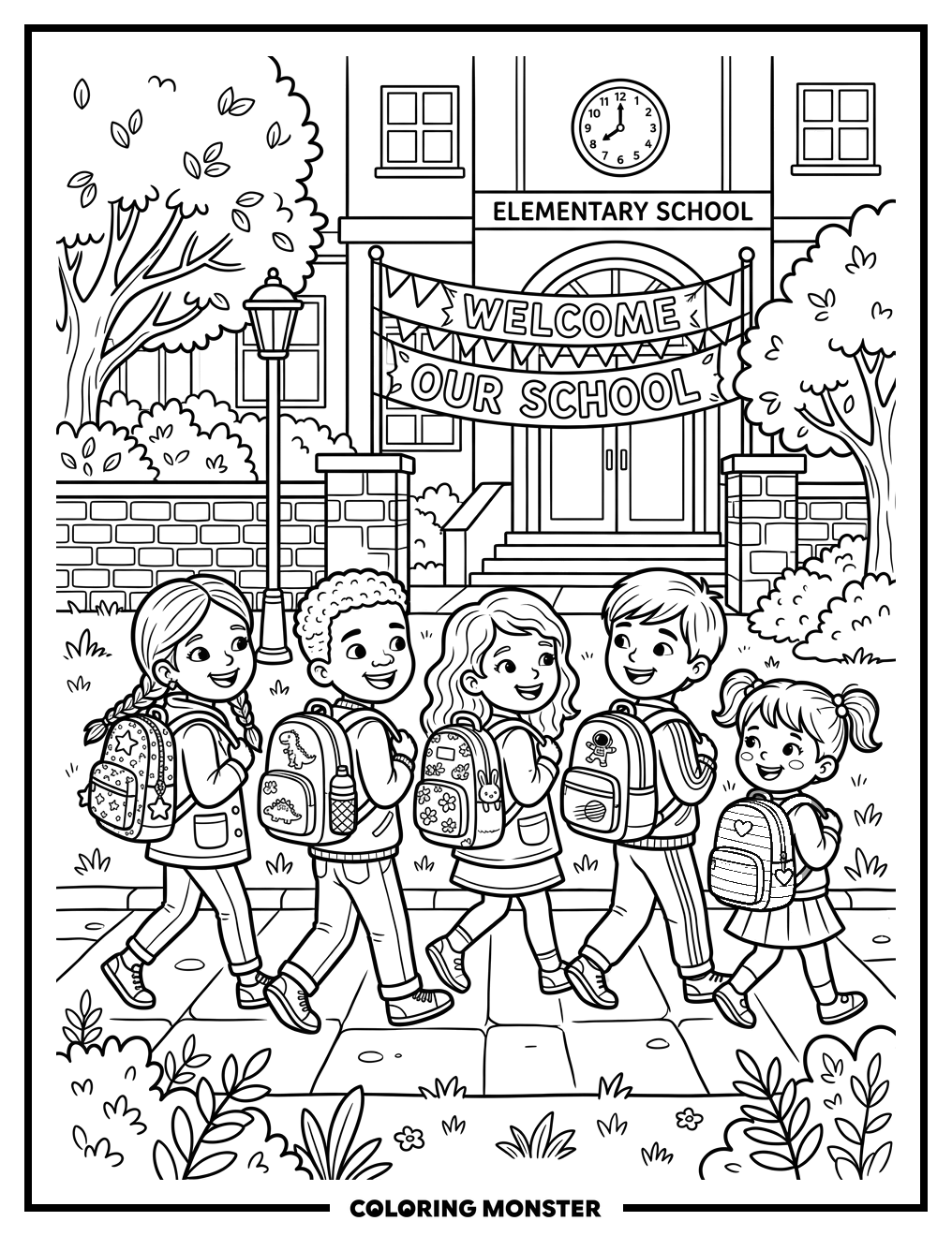 Children Walking To School Together Coloring Page