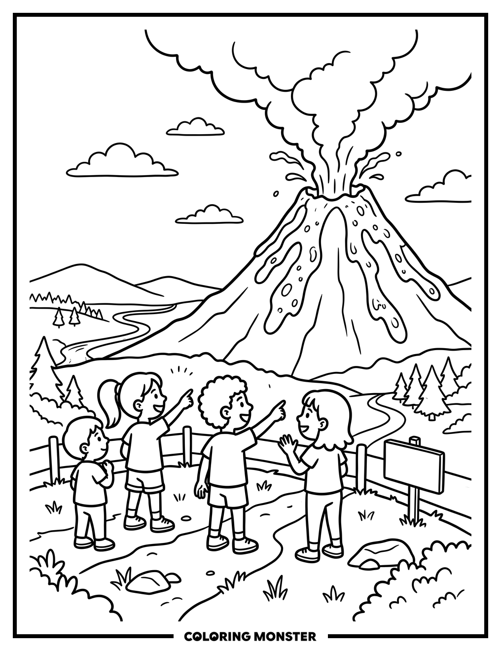 Children Watch Volcano Erupt Coloring Page