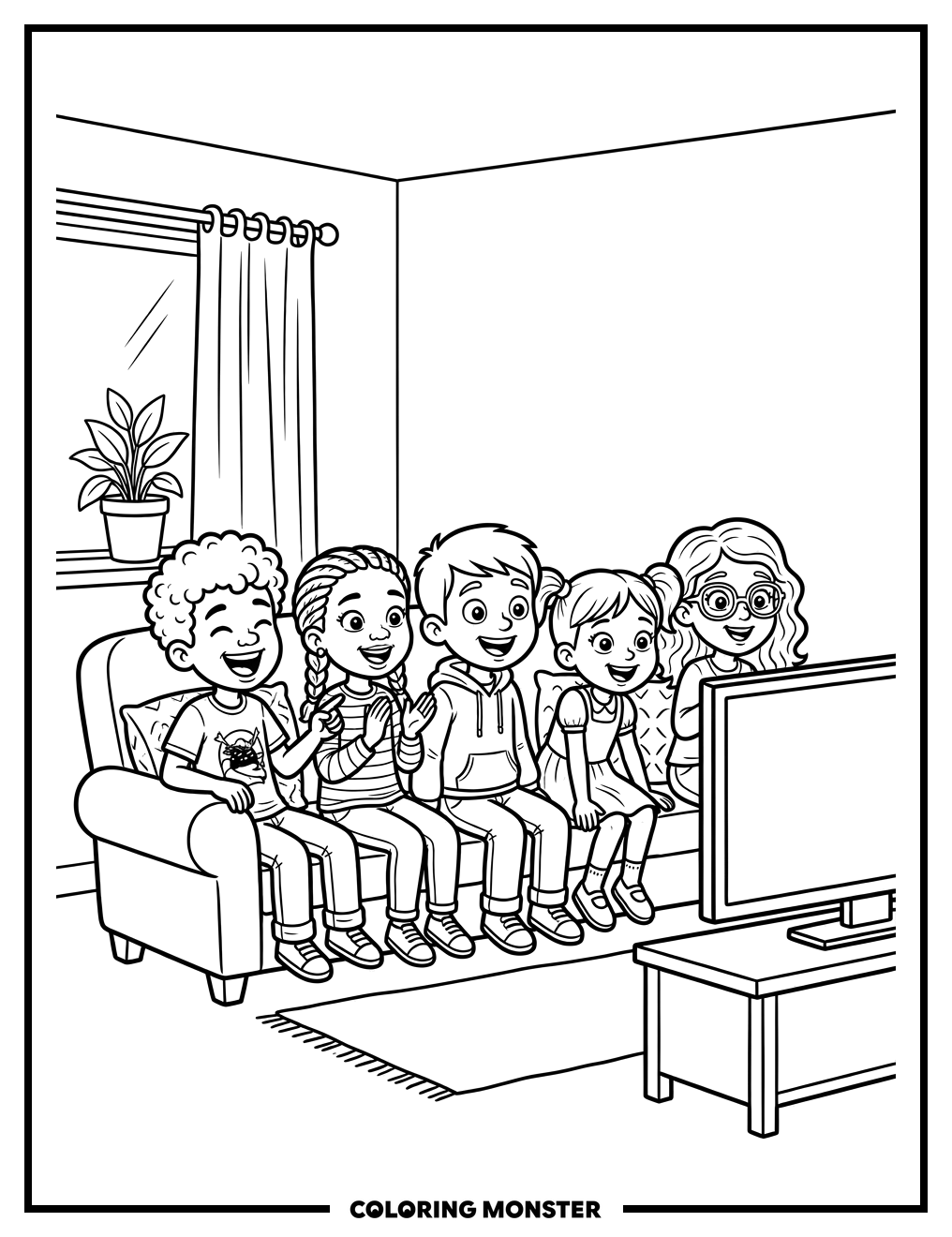 Children Watching Television Together Coloring Page