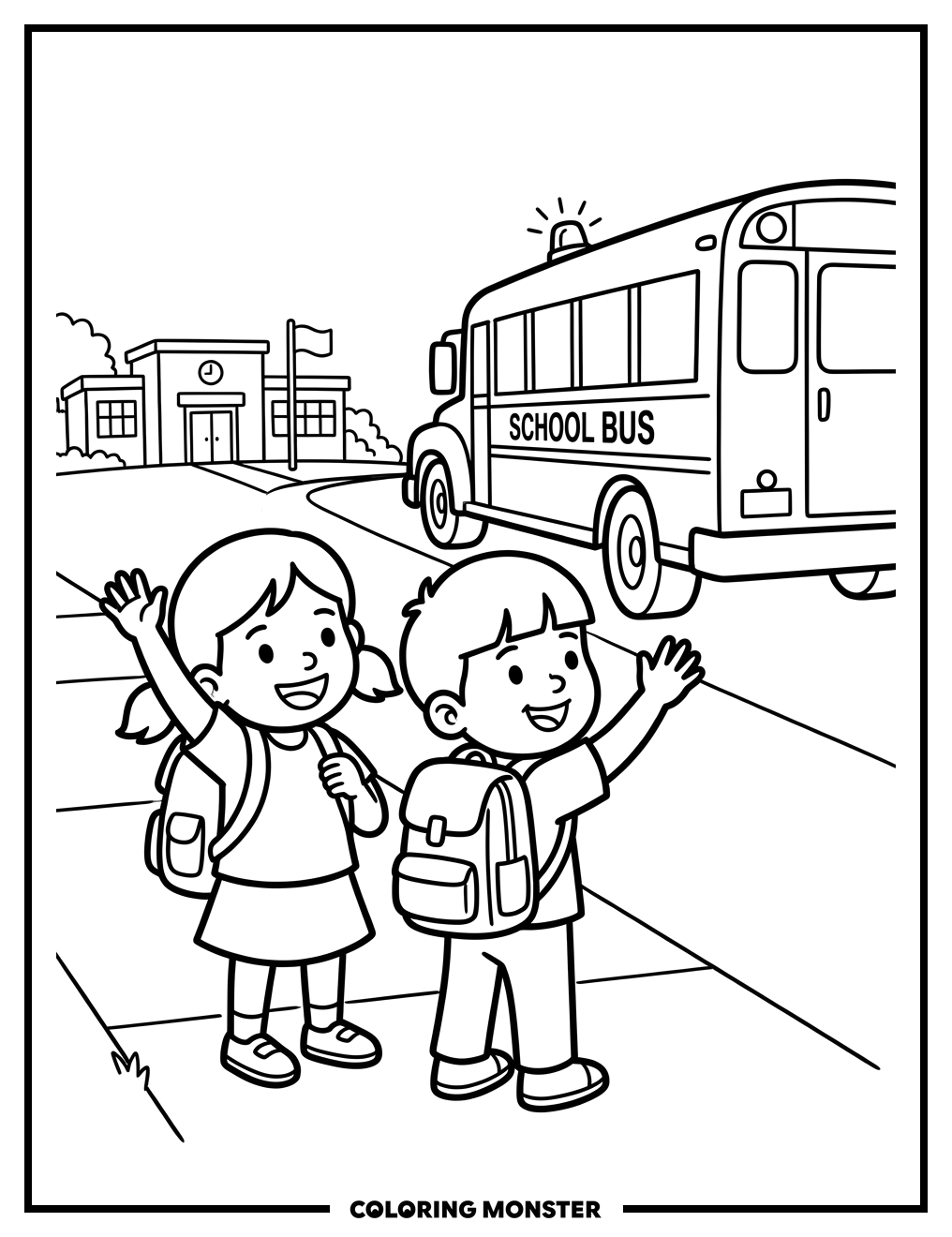 Children Wave Goodbye To School Bus Coloring Page