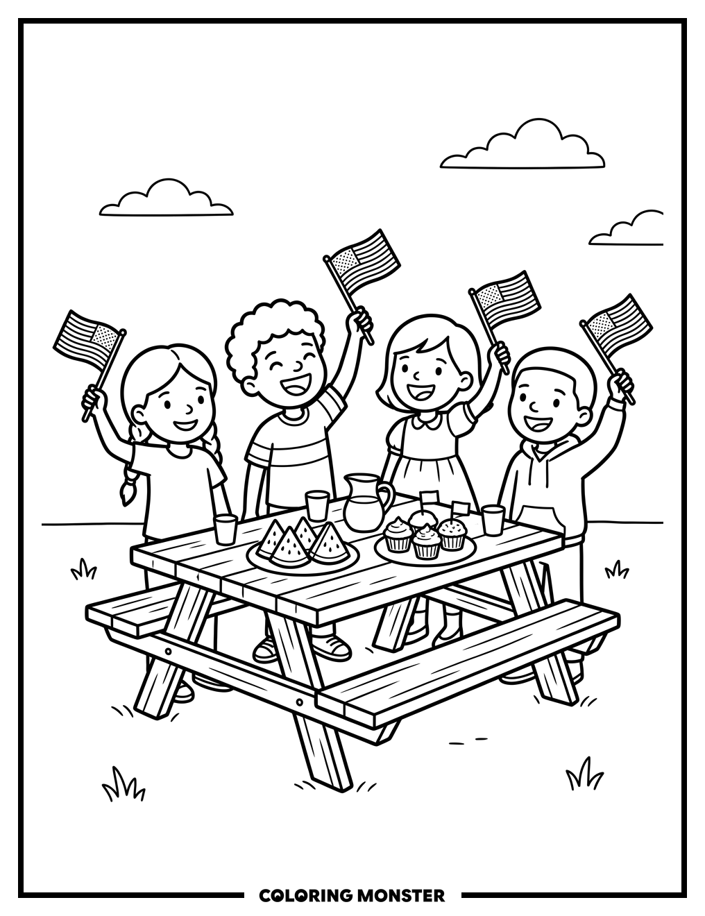 Children Waving Flags at Picnic Coloring Page
