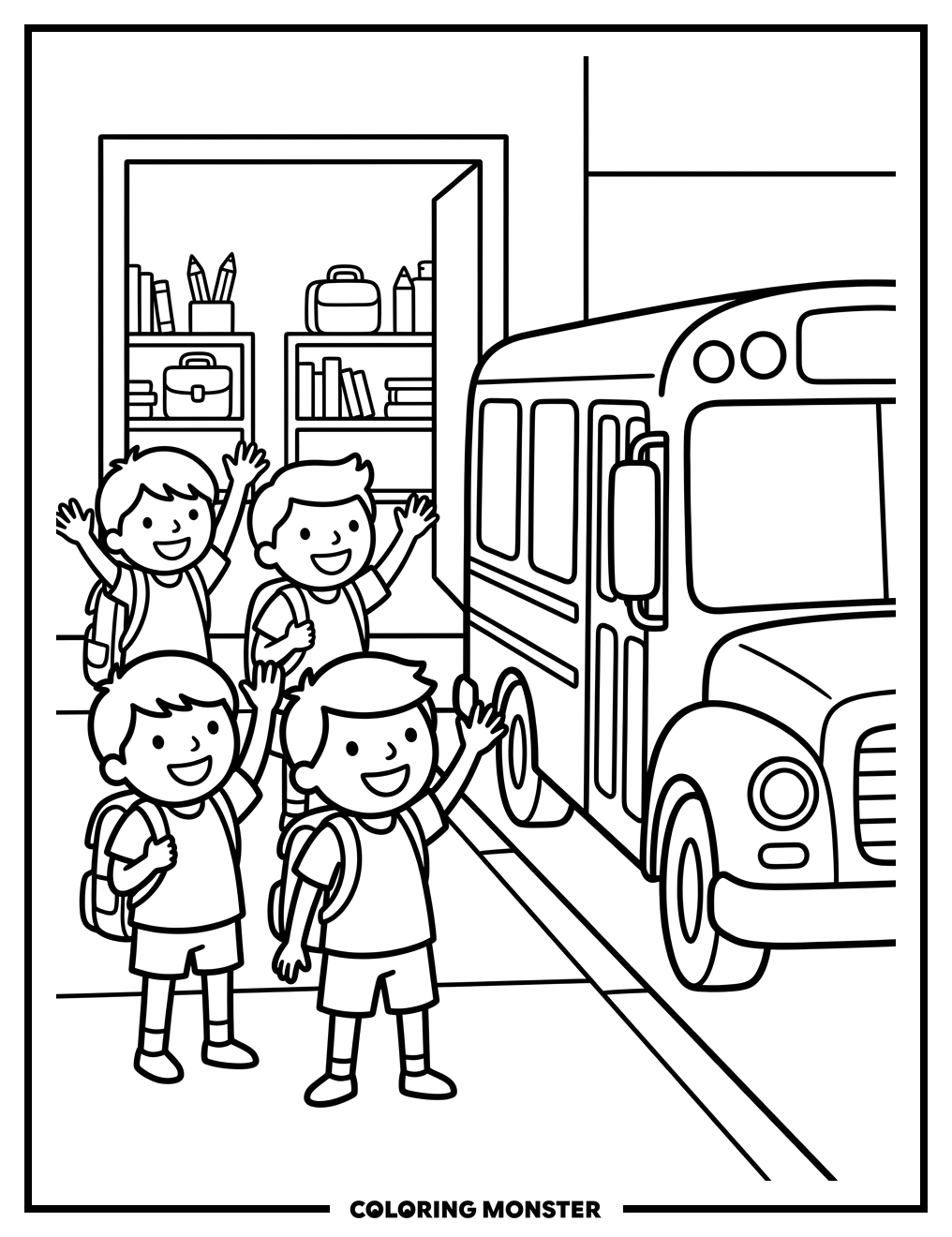 Children Waving to School Bus Coloring Page