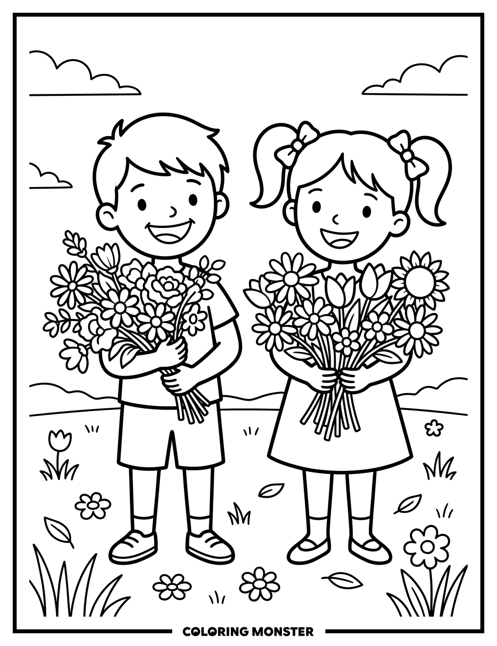 Children With Flower Bouquets Coloring Page