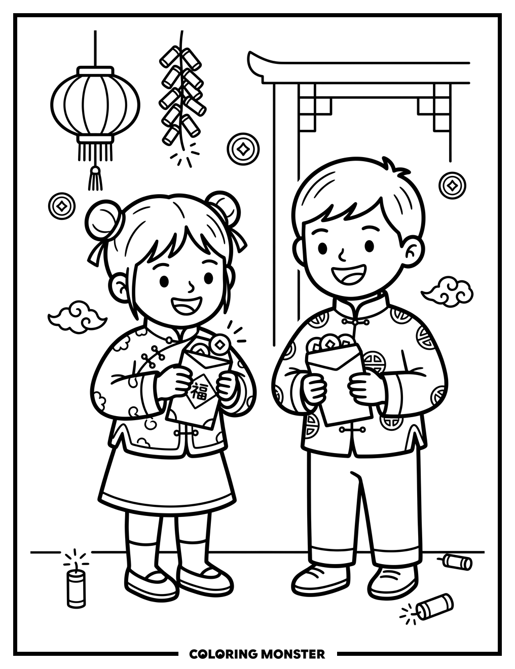 Children With Red Envelopes Coloring Page