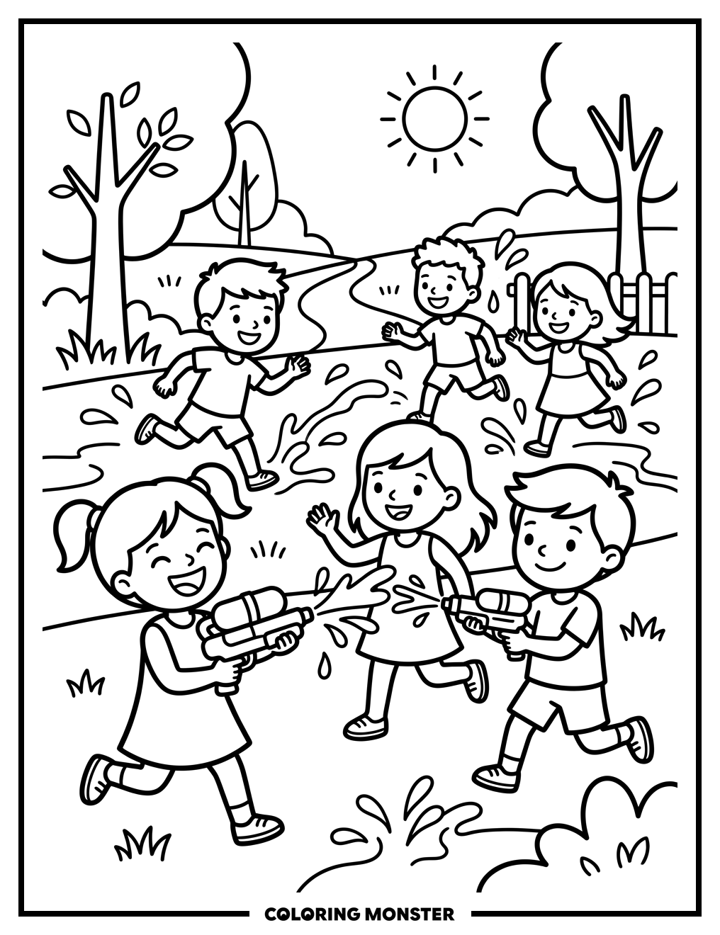 Children With Water Guns Coloring Page