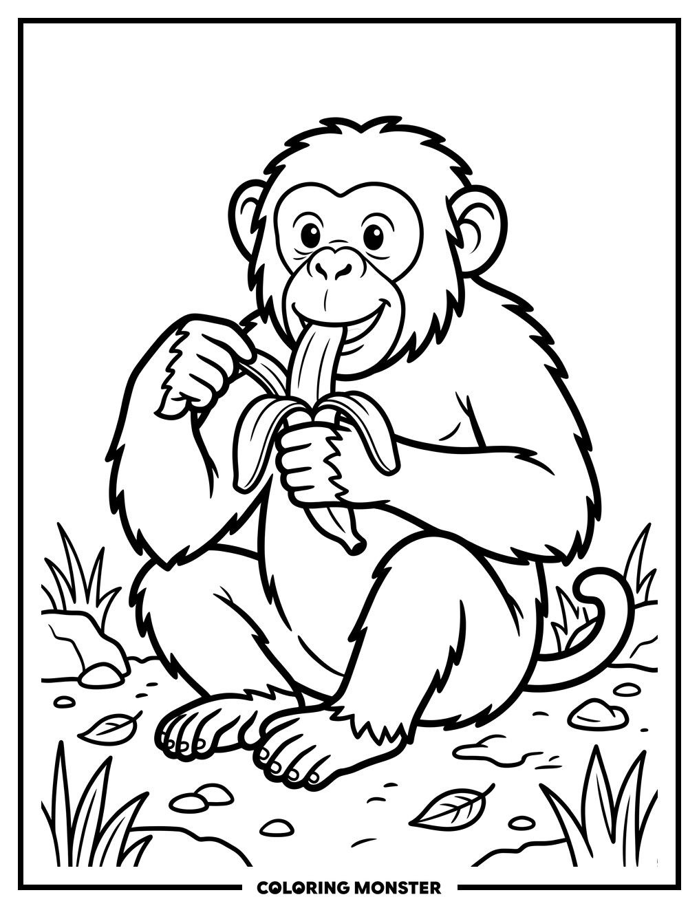 Chimpanzee Eating a Banana Coloring Page