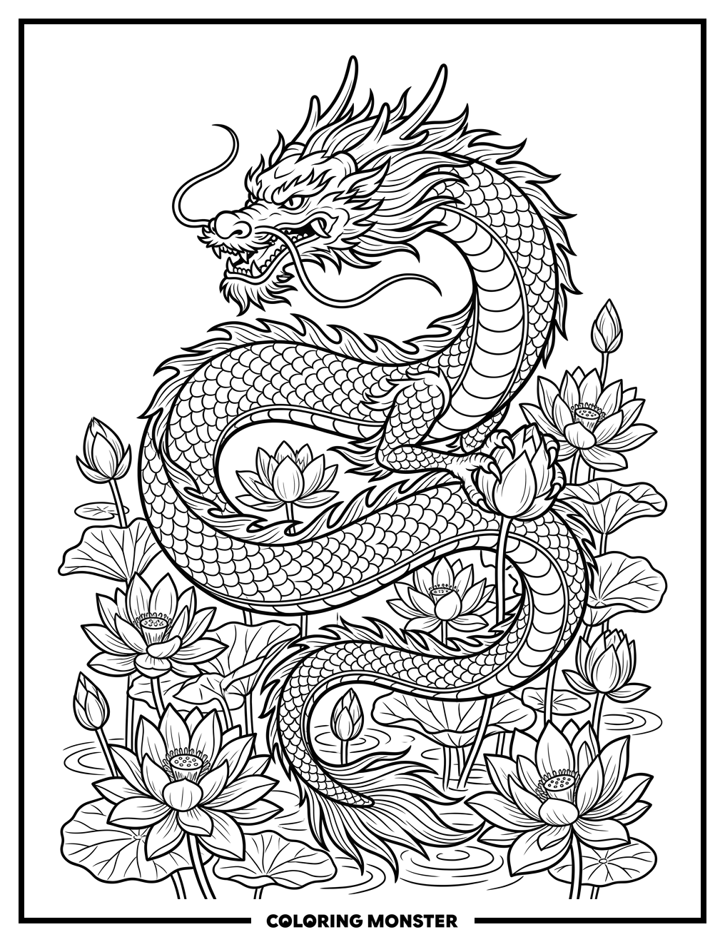 Chinese Dragon Among Lotus Flowers Coloring Page