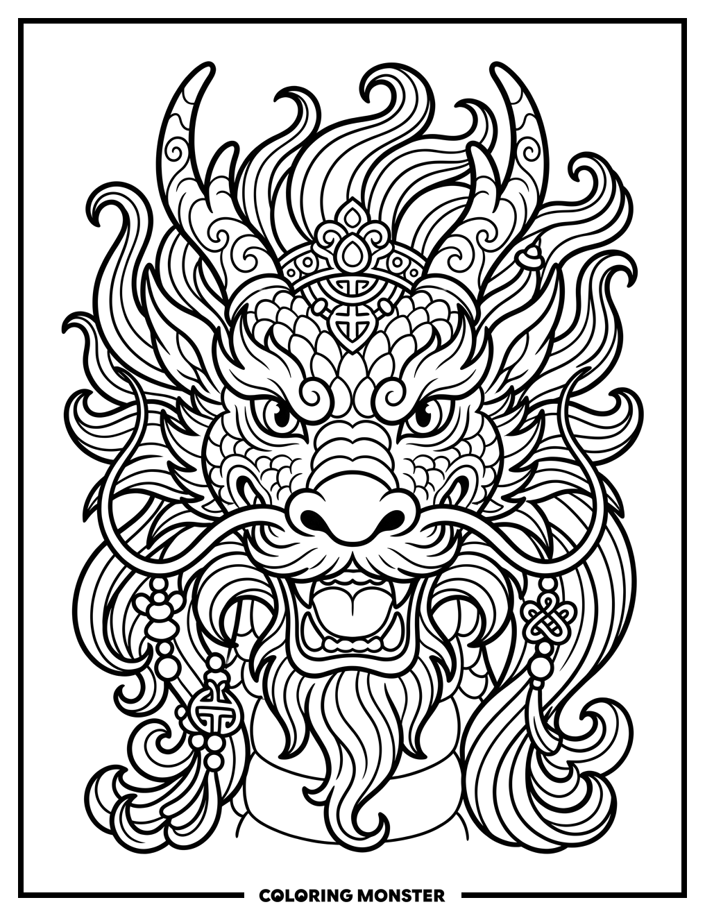 Chinese Dragon Head Close-Up Coloring Page