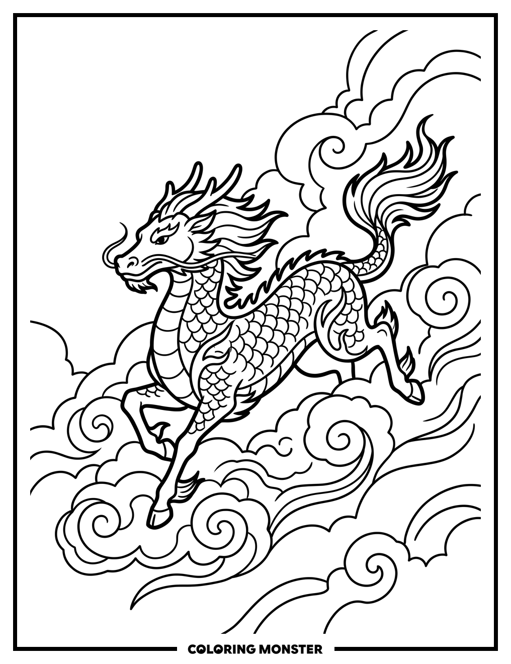Chinese Dragon Horse Galloping Coloring Page