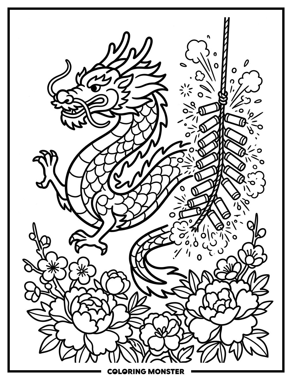 Chinese Dragon With Firecrackers Coloring Page