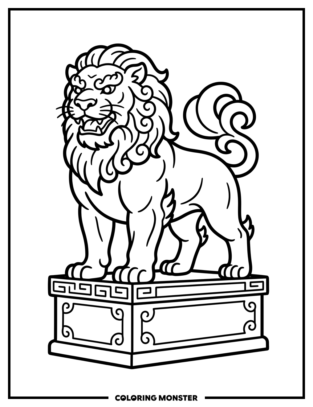 Chinese Guardian Lion on Pedestal Coloring Page