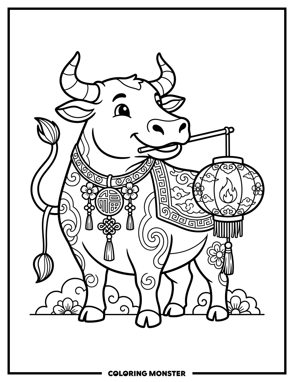 Chinese Zodiac Ox With Lantern Coloring Page