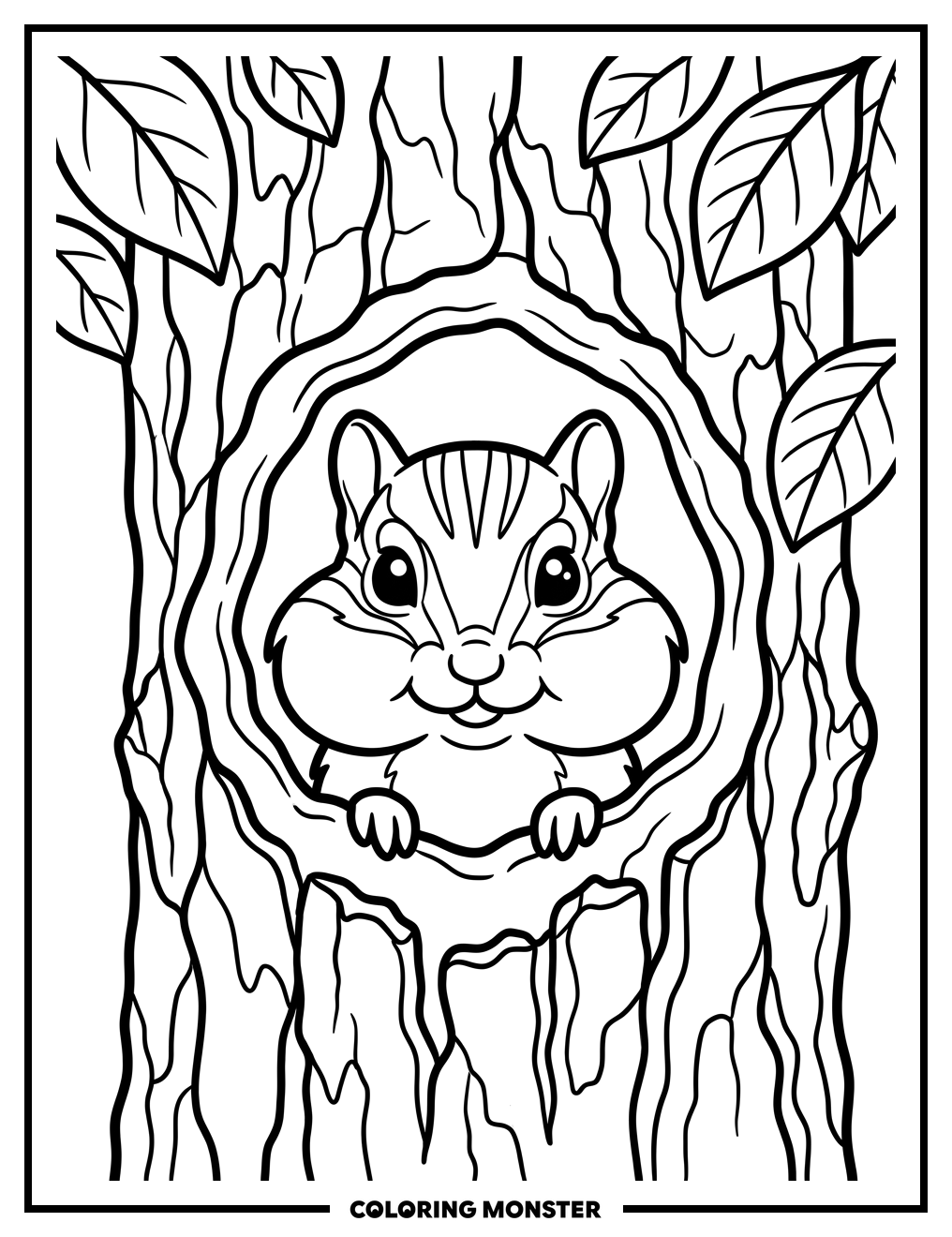 Chipmunk Peeking From Tree Hole Coloring Page